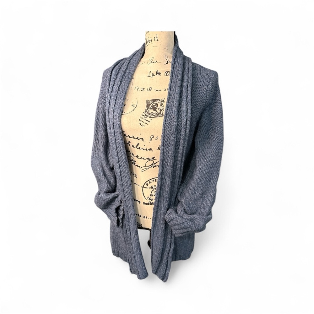 Natural Reflections Blue Ribbed Knit Wool Blend Open Cardigan Cottage Sweater L